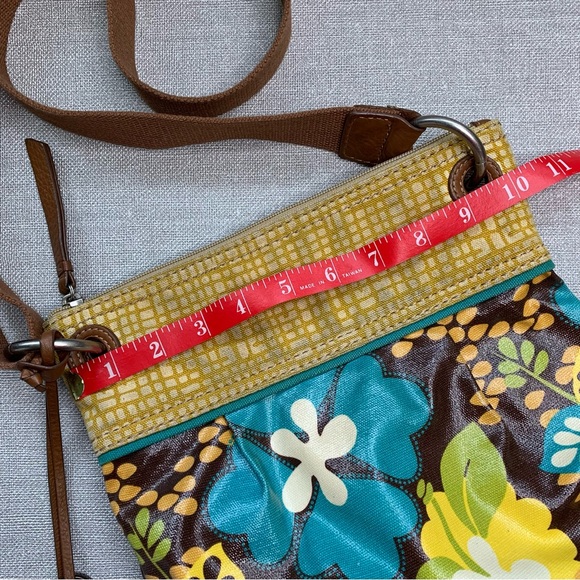FOSSIL Oilcloth Crossbody Bag Purse Flower Blue Brown Tan Yellow Zipper Top - Picture 9 of 10